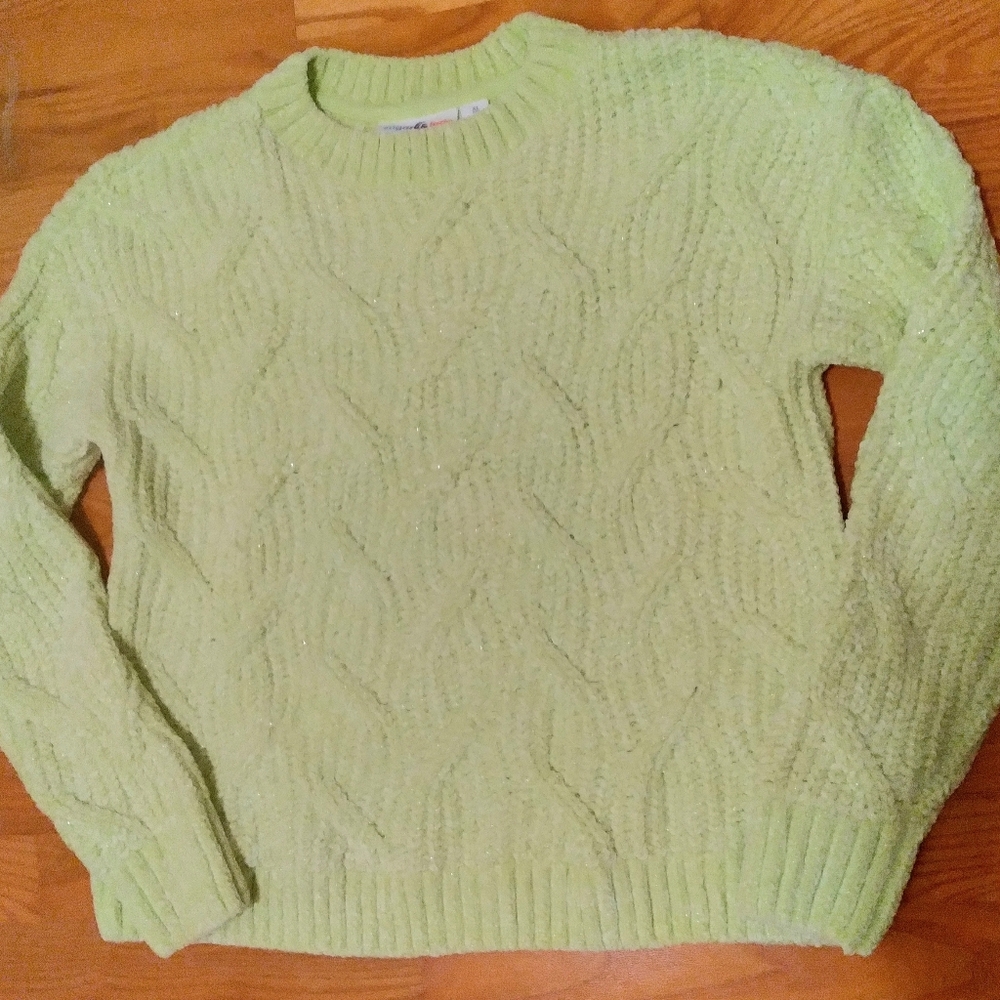 Sugar & Jade Shimmery Soft Green ⁰Chenille Cable Knit Sweater Girls XL 16/18